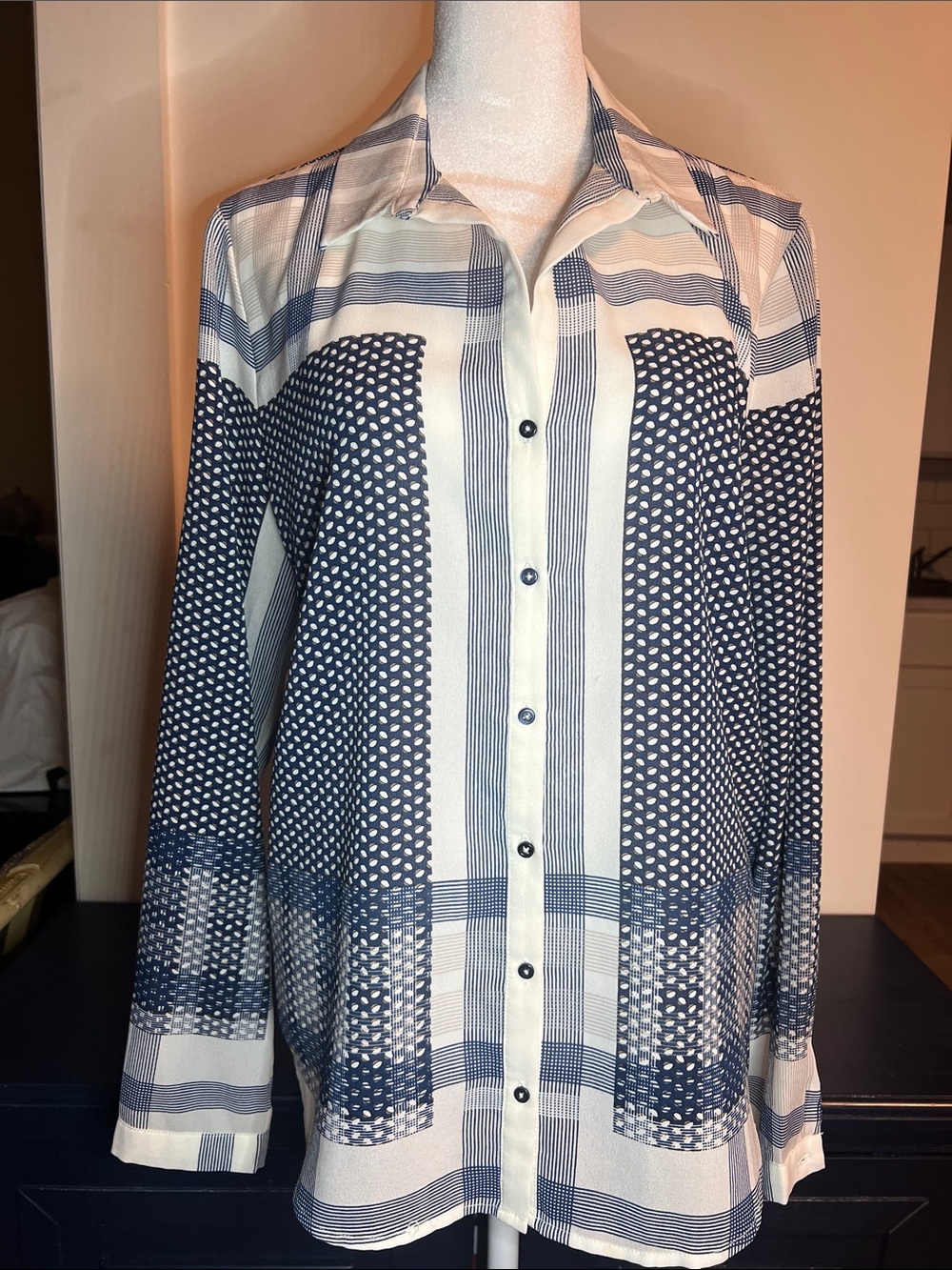 FYLO Navy and White Striped Plaid Button-Up Top indigo medium